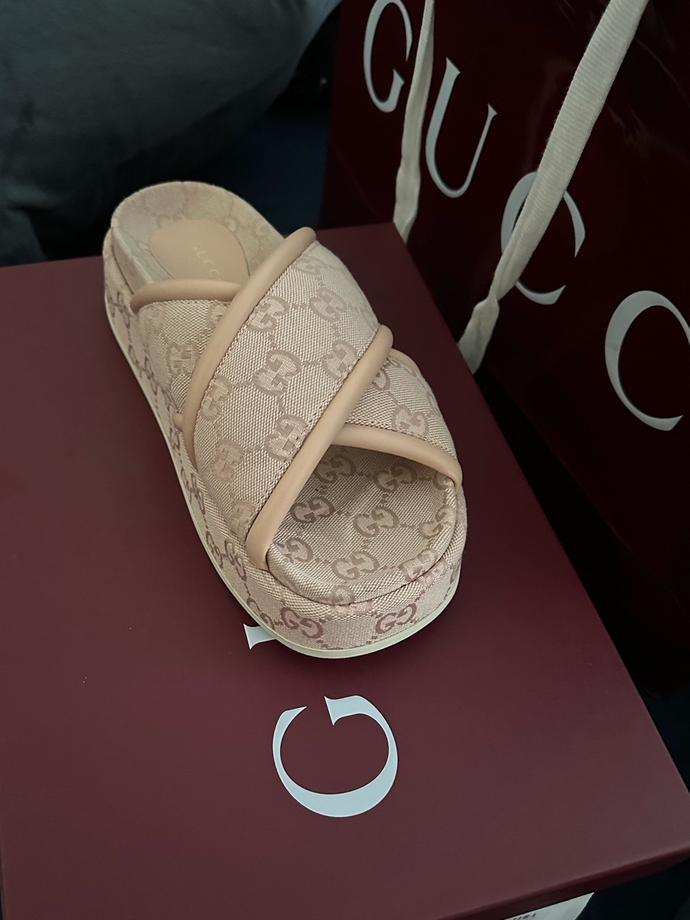 Gucci Women's Blush Pink Criss Cross GG Platform Slide Sandal